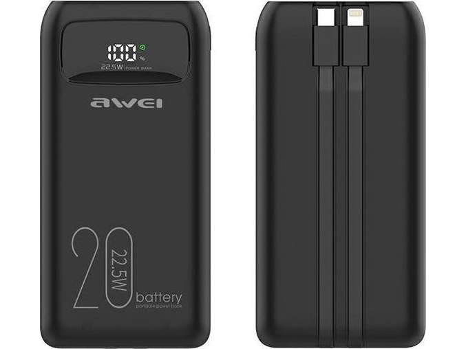 Awei Powerbank P169k 20000Mah 22.5W Juodos Spalvos Display + Pd/Lightning Cables