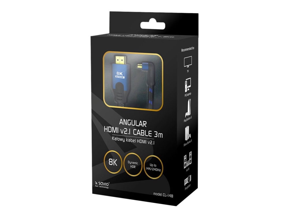 Savio Cl-148 Hdmi V2.1 Kabel, Gewinkelt, 3M, Kupfer, Baumwollgeflecht, Metallstecker
