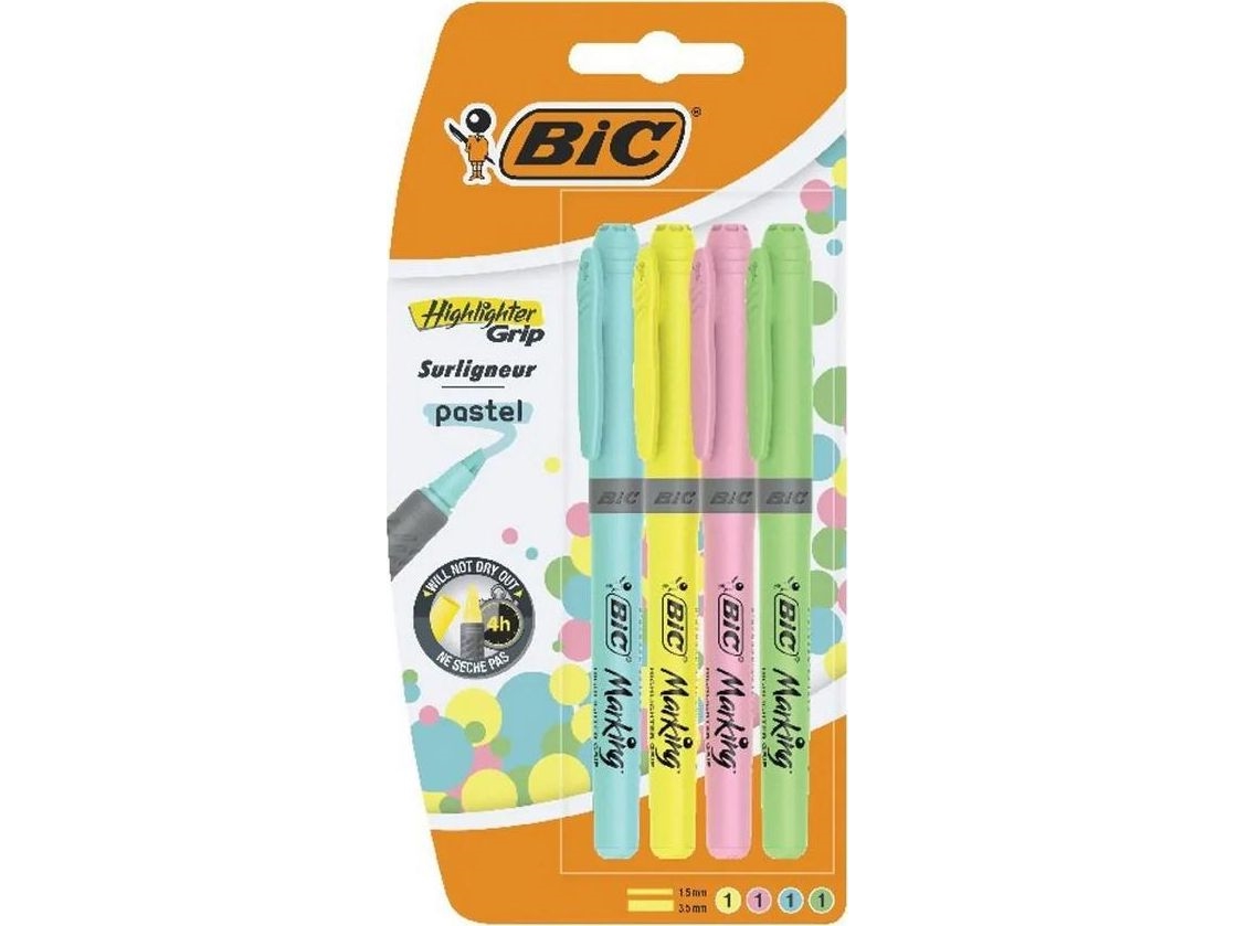 Bic Highlighter Grip Pastel, 4 Stück(E), Blau, Grün, Pink, Gelb, 3 Jahr(E), Meißel, Mehrfarben, 1,8 Mm