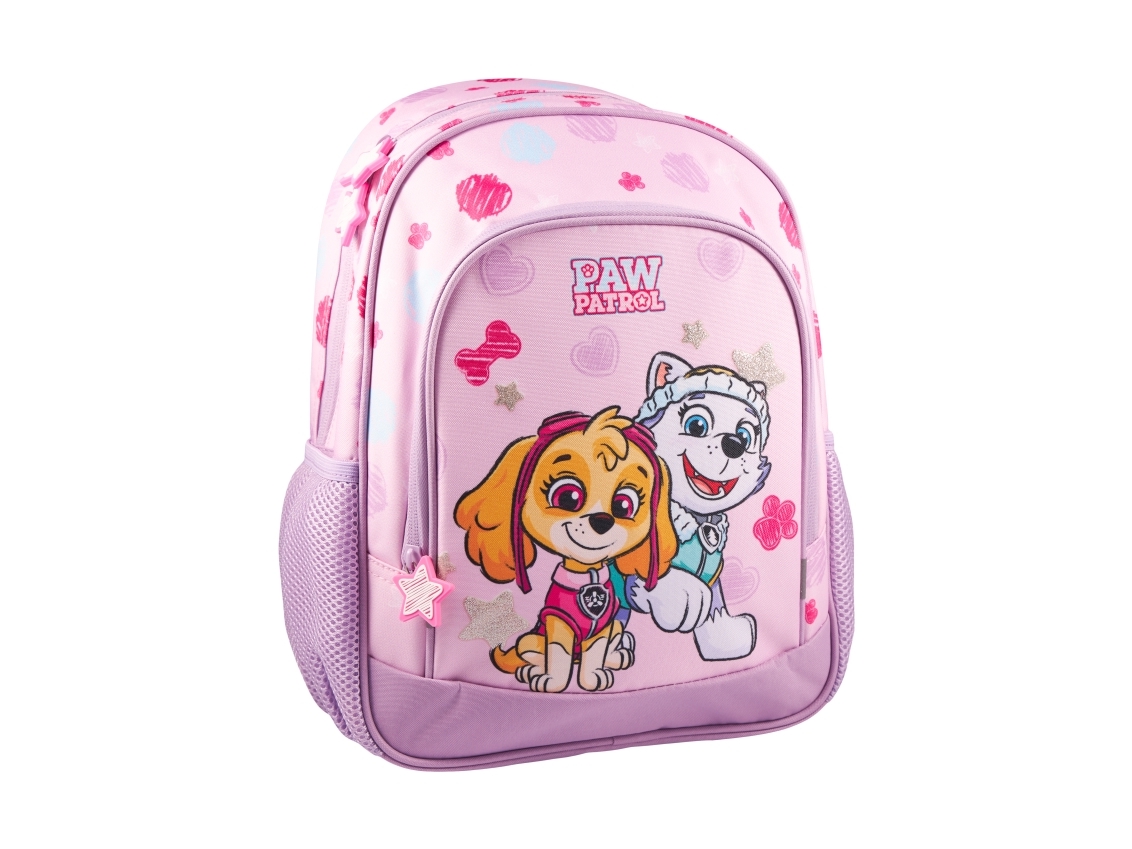 PAW PATROL GIRLS, Ryggsäck med 1 nätficka på sidan, 300D polyester med glittriga tryckta stjärnor, 35 x 25 x 13 cm, ca 10 liter | Andra leksaksmärken - Paw Patrol | GameStuff