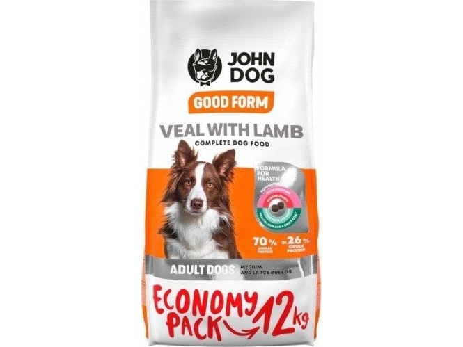 John Dog Good Form Adult Medium And Large Breeds Veal With Lamb - Tørfoder Til Hunde - 12 Kg