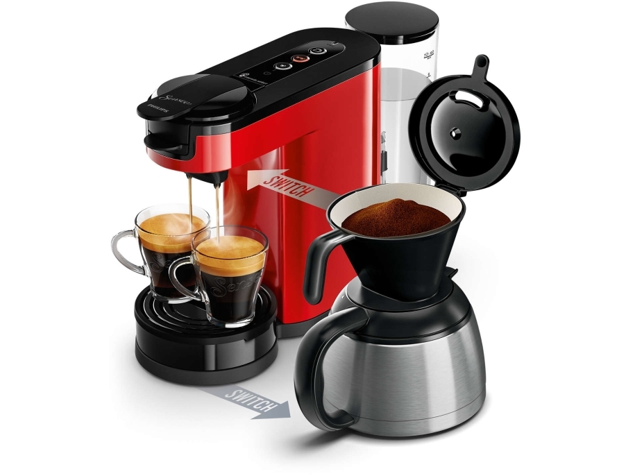Senseo HD6592/84, Kombi kaffemaskine, 1 L, Kaffekapsel, Malet kaffe, 1450 W, Sort, Rød