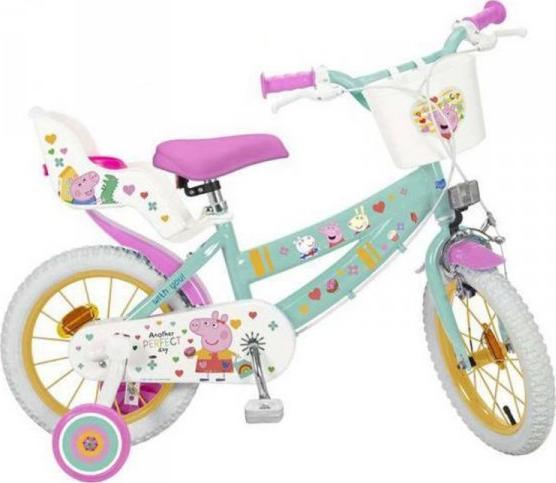 Toimsa Kinderfahrrad 14" Peppa Pig Grün Mit Stützrädern Korb Puppensitz Mädchen 4-6 Jahre (Toi1498)