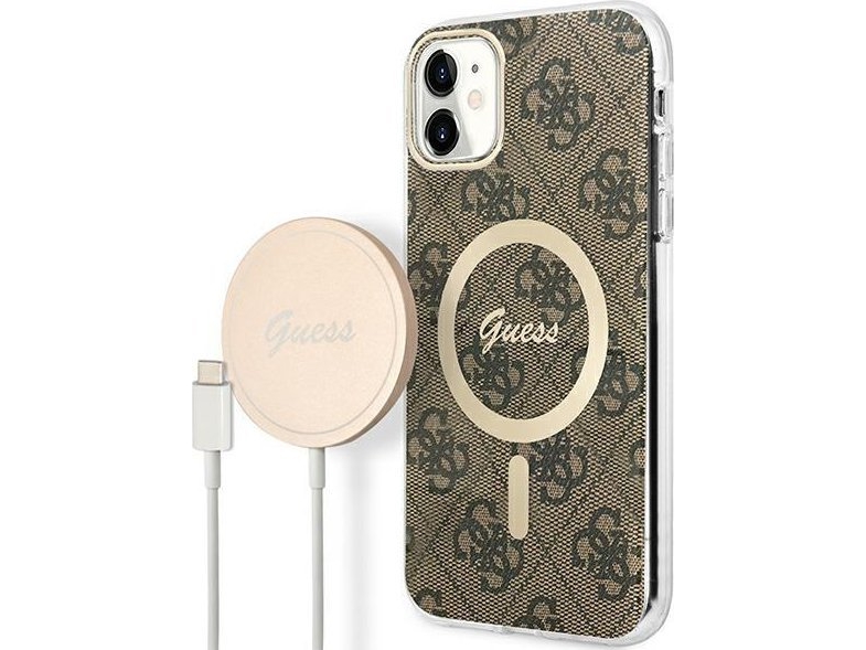 Guess Oplader-Sæt Med Cover + Trådløs Oplader Gubpn61h4eacsw Til Apple Iphone 11 Brun Hard Case 4G Print Magsafe