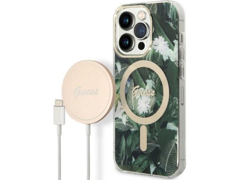 Guess Guess latauskotelo + langaton laturi GUBPP14LHJEACSA Apple iPhone 14 Pro vihreä/vihreä kova kotelo Jungle MagSafe