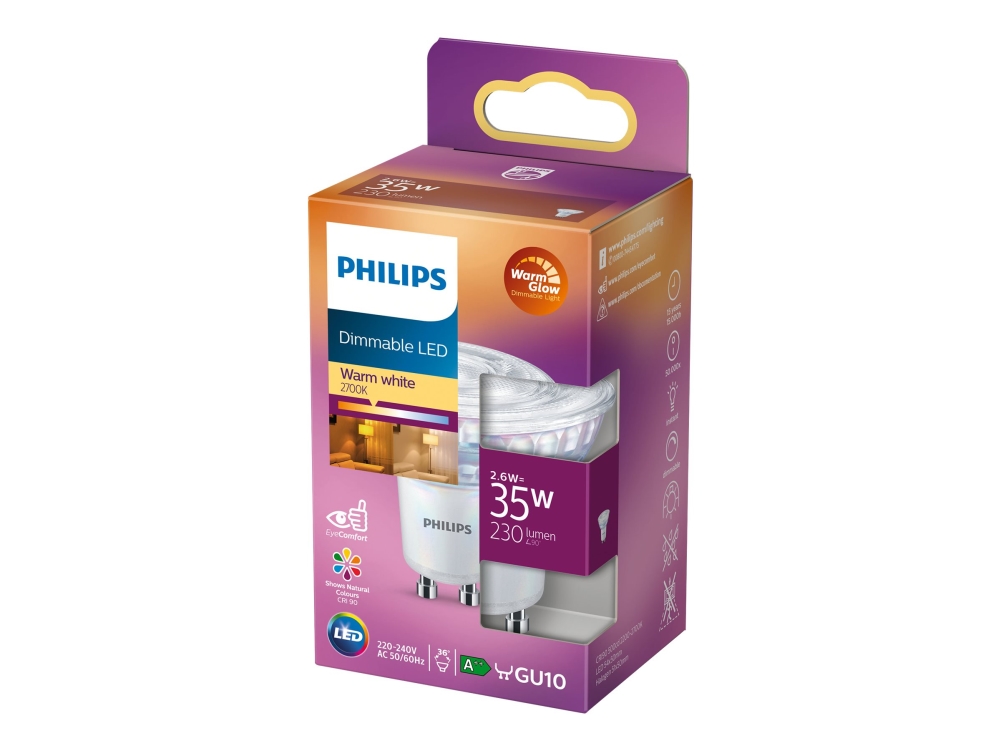 Philips Led Classic Spot - Led-Spot-Glühbirne - Gu10 - 2,6 W (Entspricht 35 W) - Klasse F - Warmes Hautlicht - 2200-2700 K