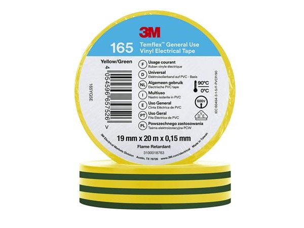 3M Temflex Elektrisches Vinyl-Klebeband 165, Grün/Gelb, 19 Mm X 20, 1 Rl/Pk