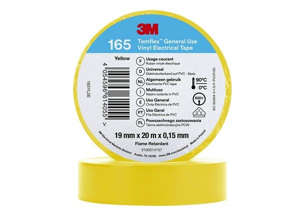 3M Temflex Elektrisches Vinylklebeband 165, Gelb, 19 Mm X 20 M, 1 Rl/Pk