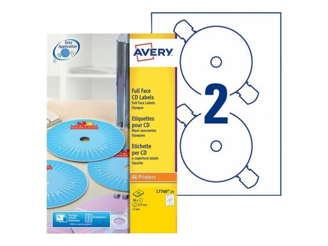 Avery Full Face CD/DVD Label - Skinnende - belagt - 50 etikette(r) (25 ark x 2) etiketter