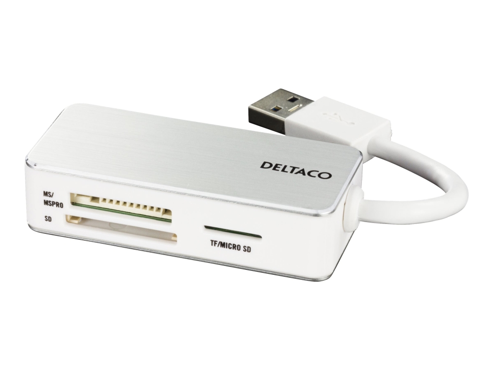 Deltaco Ucr-147, Ms Pro,Ms Pro Duo,Microsd (Transflash),Microsdhc,Sd,Sdhc, Sølv, Hvid, Usb 3.2 Gen 1 (3.1 Gen 1) Type-A, 67 Mm, 29 Mm, 16 Mm