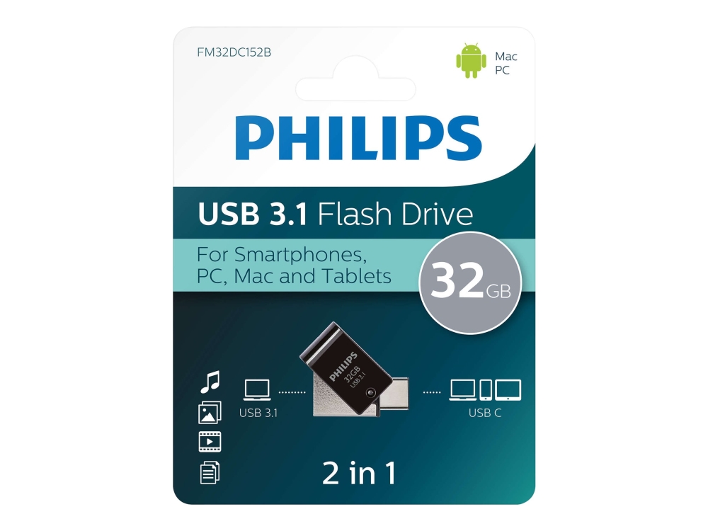 Philips FM32DC152B/00, 32 GB, USB Type-C, 3.2 Gen 1 (3.1 Gen 1), 180 MB/s, Ilman suojusta, Musta