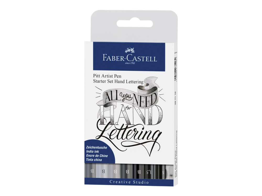 Faber-Castell PITT Artist Pen Handlettering Starter Set - Børstepen, farveblyant og fineliner-sæt - permanent - indienblæk (pakke med 8)