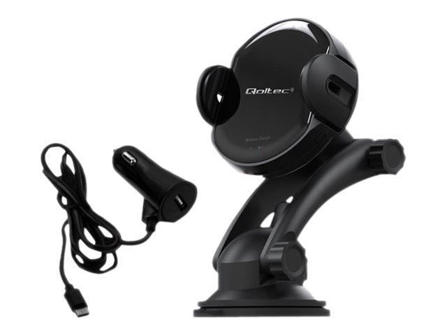 Qoltec Induction Wireless PRO Car Charger with IR Sensors - Trådløs opladerholder til bil + bilstrømsadapter - 15 Watt - 1.67 A - QC 3.0 - sort