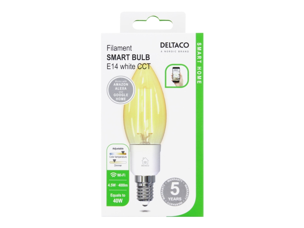 DELTACO SMART HOME SH-LFE14C35 - LED-glödlampa med filament - form: C35 - E14 - 4.5 W (motsvarande 40 W) - klass F - varmt vitt/kallt vitt ljus - 1800-6500 K | Smarta hem - Smart belysning - E14 Smarta Lampor | GameStuff