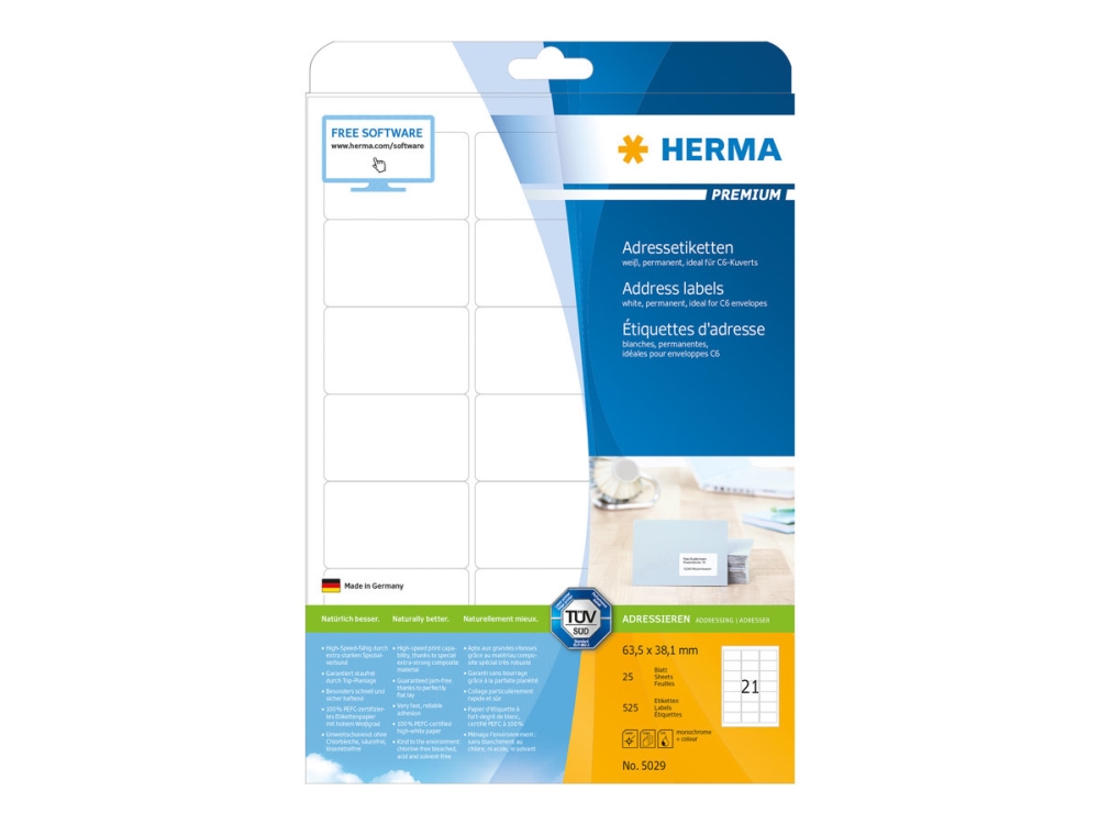 HERMA Special - Selv-klæbende - hvid - 63.5 x 38.1 mm 525 stk. (25 ark x 21) adresseetiketter