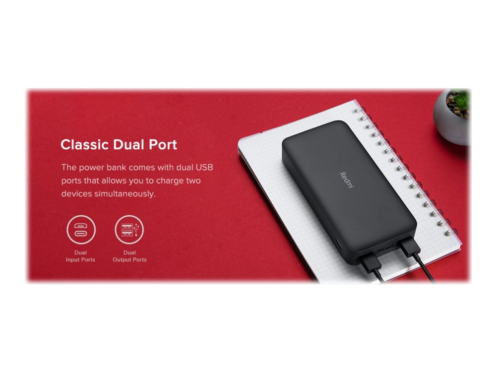 Xiaomi Redmi - Powerbank - 20000 Mah - 74 Wh - 18 Watt - 3.6 A - Fast Charge - 2 Output-Stikforbindelser (Usb) - Sort