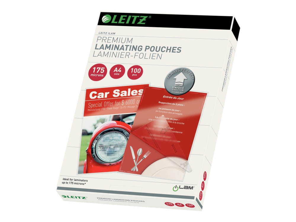 Leitz Ilam Ultra-Premium Højglans A4-Lamineringslommer Med Udt, 175 My, Pakke Med 100 Stk. Glasklar