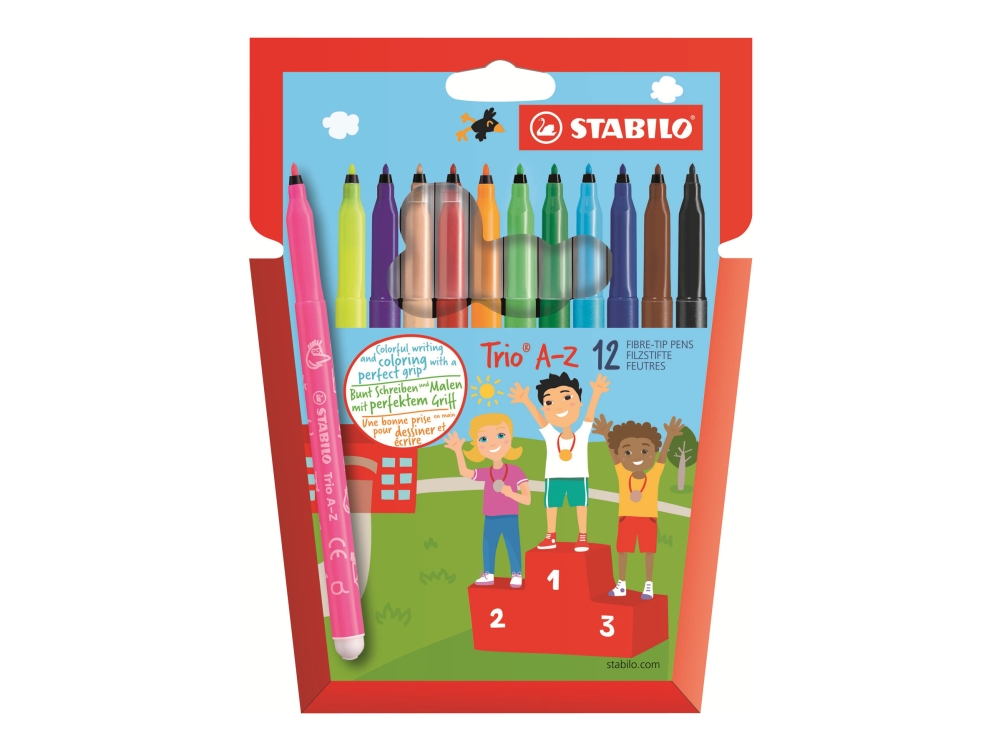 Stabilo Trio A-Z Børnetusch med 12 stk. ass. farver - 1 mm streg - (10 +2 neon farver)