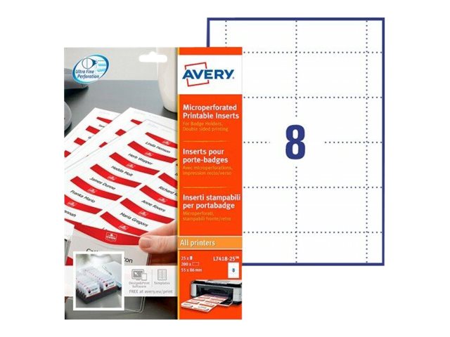 Avery - Hvid - 86 X 55 Mm 200 Etikette (25 Ark X 8) Etiketter For Navneskilte
