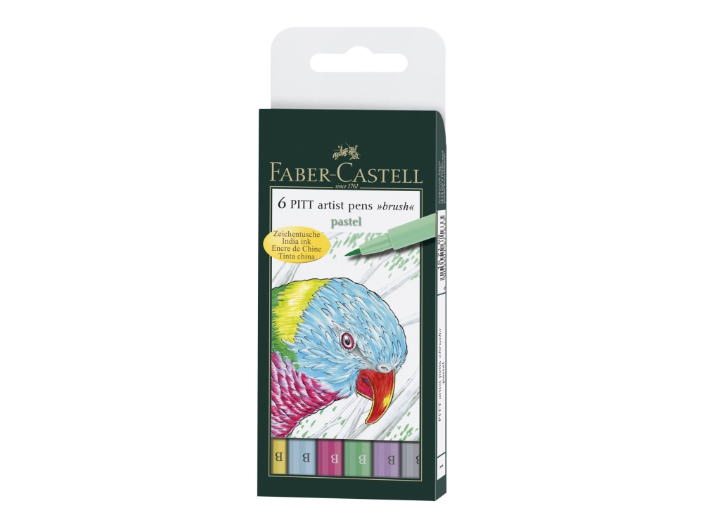 Faber-Castell Pitt Artist Pen - Børstepen - Permanent - Assorterede Pastelfarver - Indienblæk (Pakke Med 6)