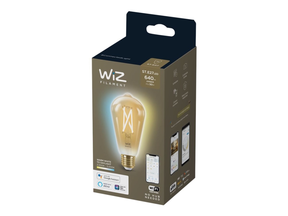 WiZ Whites - LED-glödlampa med filament - form: ST64 - E27 - 6.7 W (motsvarande 50 W) - klass A+ - varmvitt till dagsljus - 2000-5000 K - bärnsten | Smarta hem - Smart belysning - E27 Smarta Lampor | GameStuff