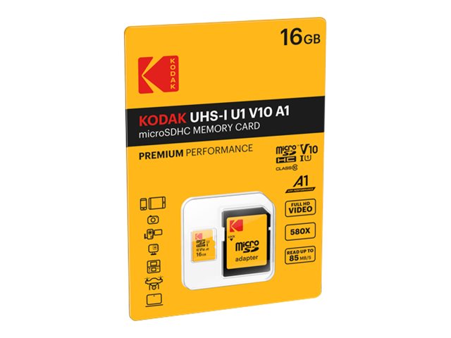 Kodak - Flashhukommelseskort (Microsdhc Til Sd Adapter Inkluderet) - 16 Gb - Uhs-I U1 / Class10 - 580X - Microsdhc Uhs-I