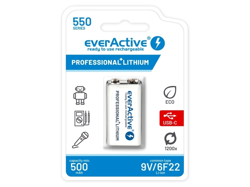 Wiederaufladbarer Akku Everactive 6F22/9V Li-Ion 550 Mah Mit Usb Type C