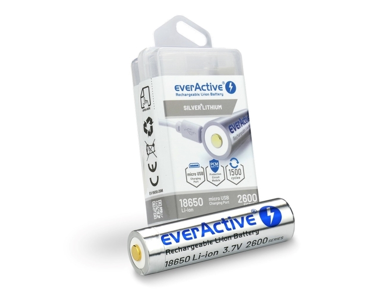 Everactive 18650 3,7V Li-Ion 2600Mah Micro Usb-Batteri Med Beskyttelsesboks