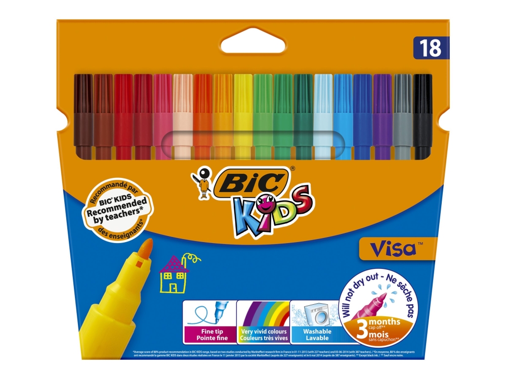 BIC Kids Visa färgade tuschpennor med tunn spets, 0,9 mm, vattenbaserat bläck, icke-permanent - med 18 blandade färger | Skola & Hobby - Konstmaterial - Markörer | GameStuff