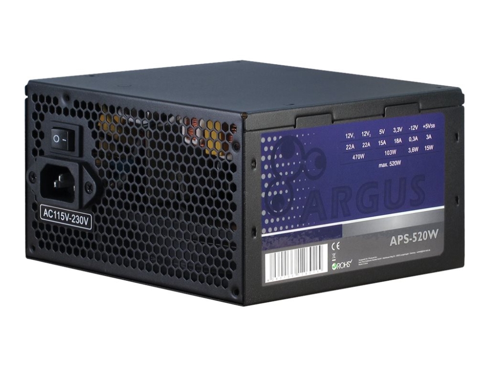 Inter-Tech Argus Aps, 520 W, 115 - 230 V, 47 - 63 Hz, +12V1,+12V2,+3.3V,+5V,+5Vsb,-12V, Aktiv, 120 W