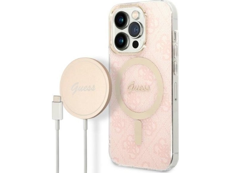 Guess Set Gubpp14lh4eacsp Hülle + Ladegerät Für Apple Iphone 14 Pro 6,1" Pink Hartschale 4G Print Magsafe