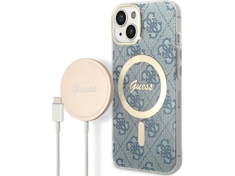 Guess Bundle Pack Magsafe 4G - Etui + Oplader Magsafe Iphone 14 (Blå/Guld)