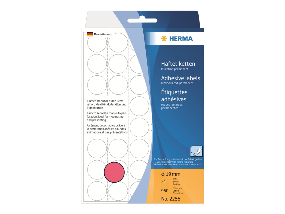 HERMA 2256 etiket rød rund Ø19mm permanent - til manuel brug