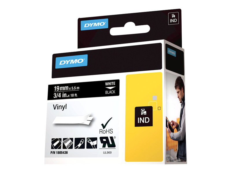 DYMO Rhino Coloured Vinyl - Vinyl - permanent klæbemiddel - hvid på sort - Roll (1.9 cm x 5.5 m) 1 kassette(r) tape - for DYMO ILP219  Rhino 4200, 5000, 5200, 6000  RhinoPRO 3000, 5000, 6000, 6500