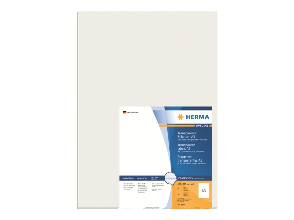 Herma A3-Etiketten Transparent Glasklar 297X420 Mm Transparent Klar Folie Glänzend 50 St., Transparent, Selbstklebendes Druckeretikett, A3, Laser, Pe
