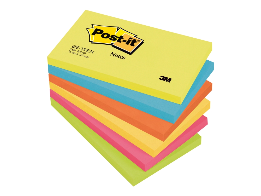Post-it-laput Energiset värit, 76 mm x 127 mm, 100 arkkia/lehtiö, 6 kpl:n pakkaus