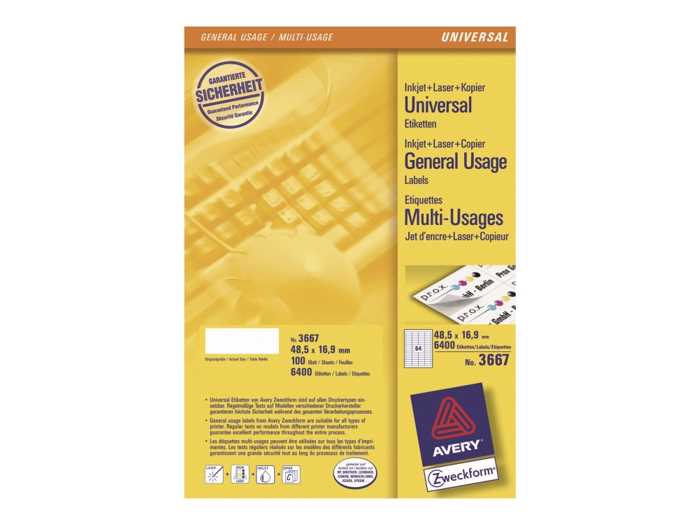Avery Universal-Etiketten, Weiß, 48,5 X 16,9 Mm, Permanent, Weiß, Selbstklebendes Druckeretikett, A4, Papier, Laser/Inkjet, Permanent