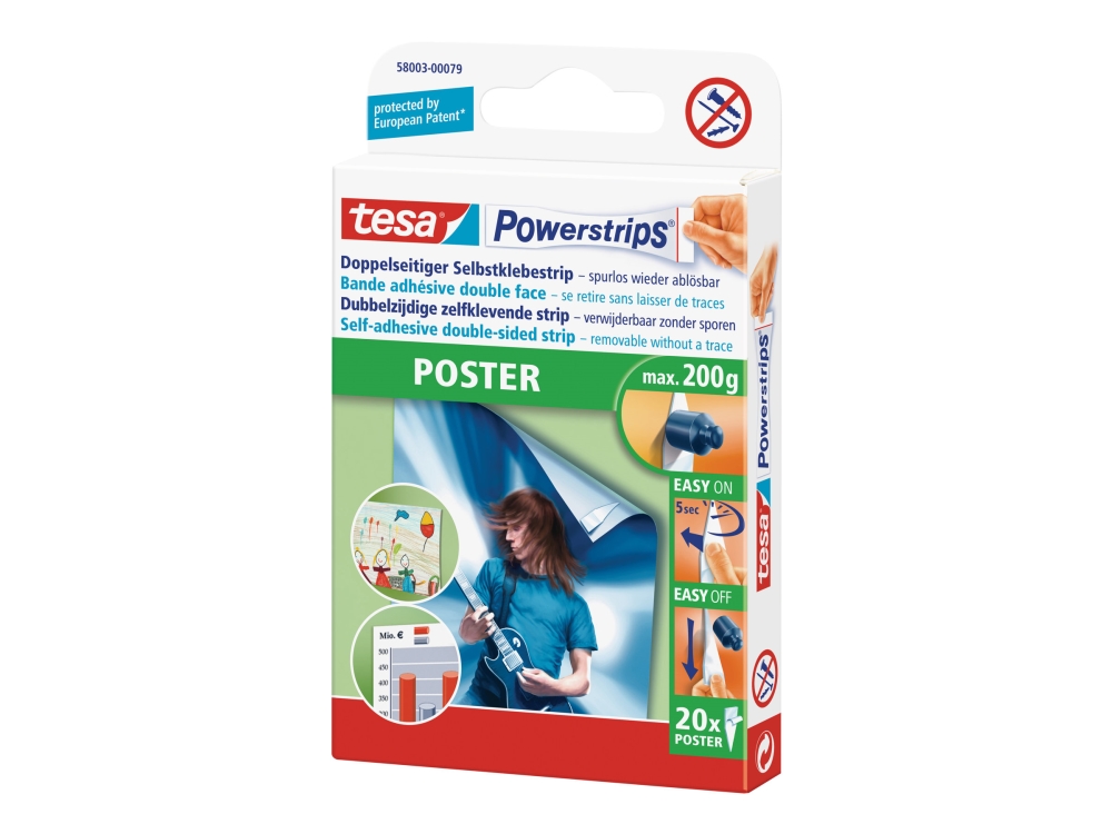 Tesa Powerstrips Poster - Monteringsbindemedel (paket om 20) | Kontorsmaterial - Tejp & dispensrar - Kontors tejp | GameStuff