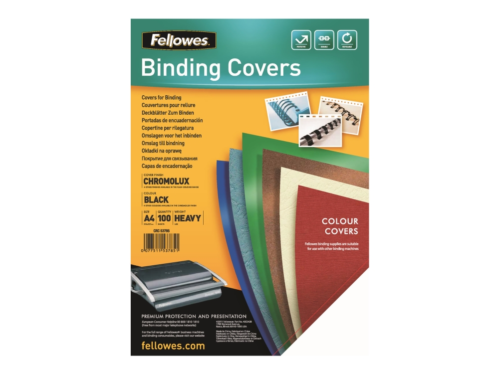 Fellowes Chromo - A4 (210 x 297 mm) - sort - 250 g/m² - 100 stk. indbindingsomslag - for Fellowes Galaxy 500, Galaxy Wire, Pulsar+ 300, Quasar+ 500, Star 150, Star+ 150