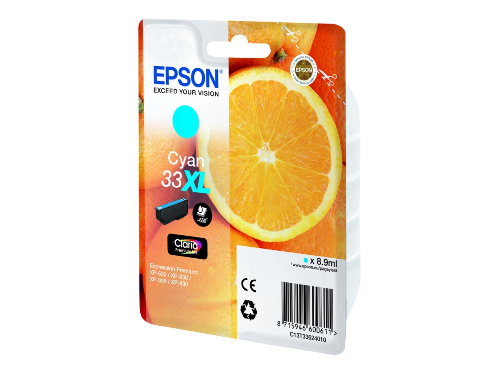 Epson 33Xl - 8.9 Ml - Xl - Cyan - Original - Blister - Blækpatron - For Expression Home Xp-635, 830 Expression Premium Xp-530, 540, 630, 635, 640, 64