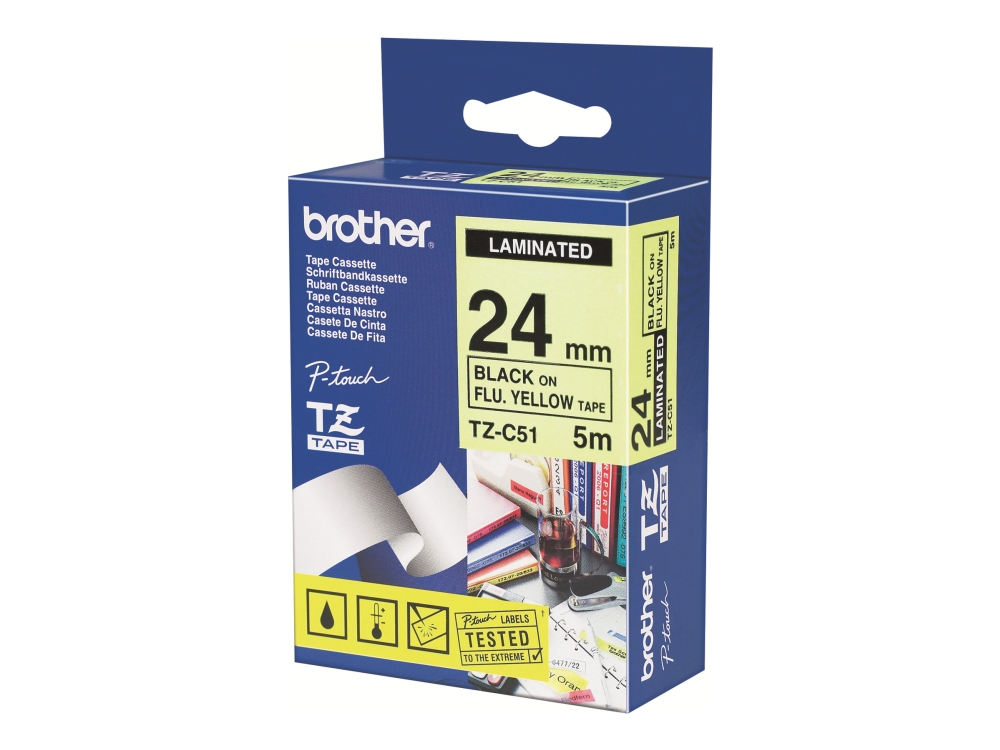 Brother Tzc51 - Sort På Gul - Rulle (2,4 Cm X 8 M) Lamineret Bånd - For Brother Pt-D600 P-Touch Pt-2470, 3600, D800, E550, H500, P750 P-Touch Cube