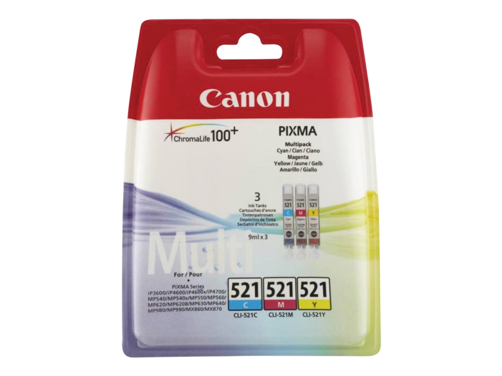 Canon Cli-521 Multipack - 3 Pakker - 9 Ml - Gul, Cyan, Magenta - Original - Blækbeholder - For Pixma Ip3600, Ip4700, Mp540, Mp550, Mp560, Mp620, Mp63