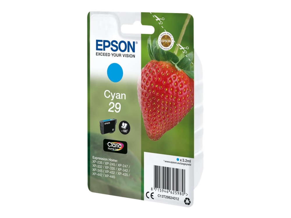 Epson 29 - 3.2 Ml - Cyan - Original - Blister - Blækpatron - For Expression Home Xp-245, 247, 255, 257, 332, 342, 345, 352, 355, 435, 442, 445, 452,