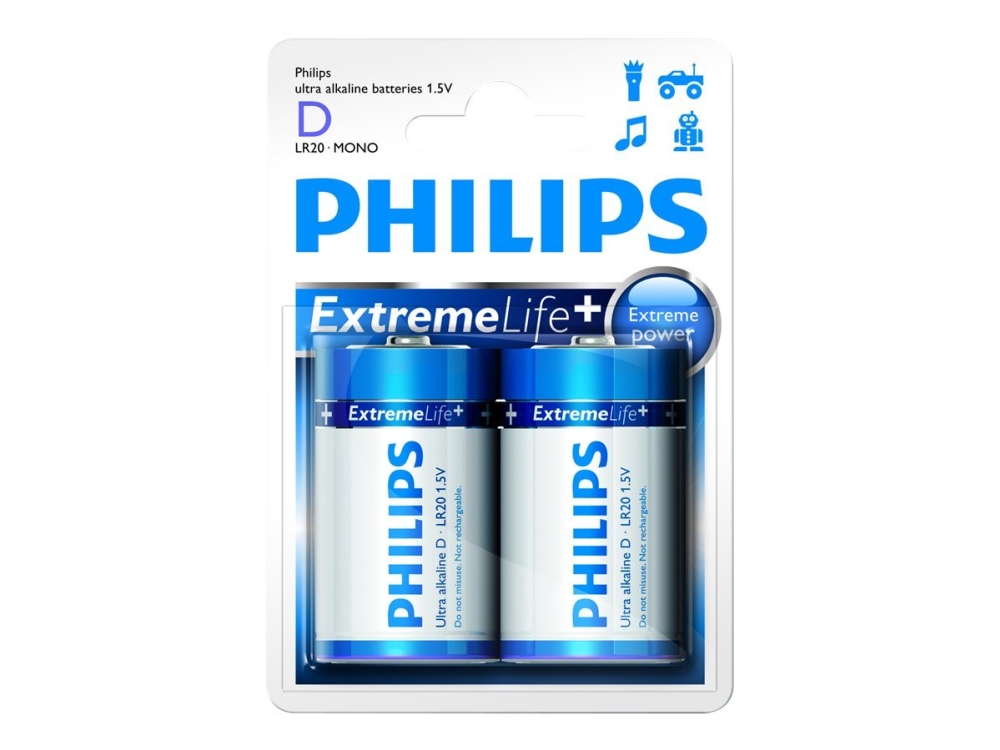Philips ExtremeLife+ LR20E2B - Batteri 2 x D - alkaliskt | EL Artiklar - Batteri - Knappcell batteri | GameStuff