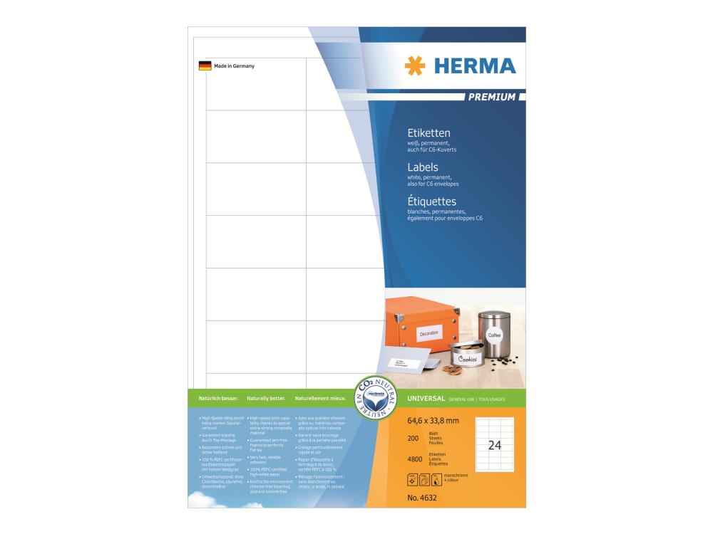 HERMA Premium - Papir - mat - permanent selvklæbende - hvid - 64.6 x 33.8 mm 4800 etikette(r) (200 ark x 24) laminerede etiketter billede