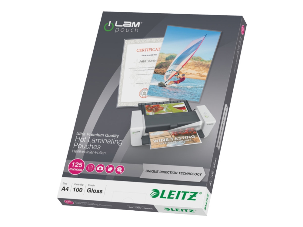 Leitz Ilam Ultra-Premium Højglans A4-Lamineringslommer Med Udt, 125 My, Pakke Med 100 Stk. Glasklar