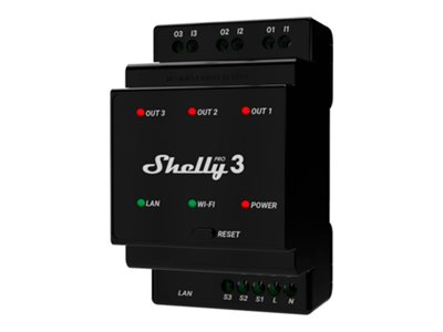 Shelly Pro 3, Sort, 802.11b, 802.11g, Wi-Fi 4 (802.11n), 2,4 GHz, 30 m, 13,35 dBmW, 3 kanaler | EL Artiklar - Elcentral - Relä og kontaktor | GameStuff