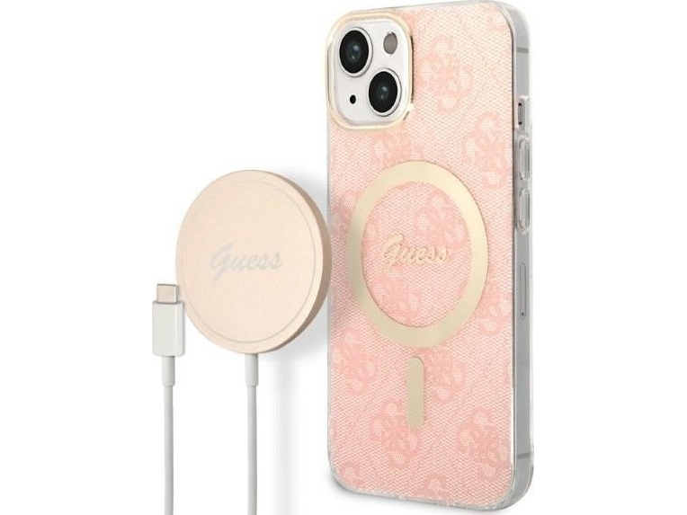 Rinkinys Guess Gubpp14sh4eacsp Case+ Charger Iphone 14 6,1" Rožinis/Rožinis Kietas Dėklas 4G Print Magsafe