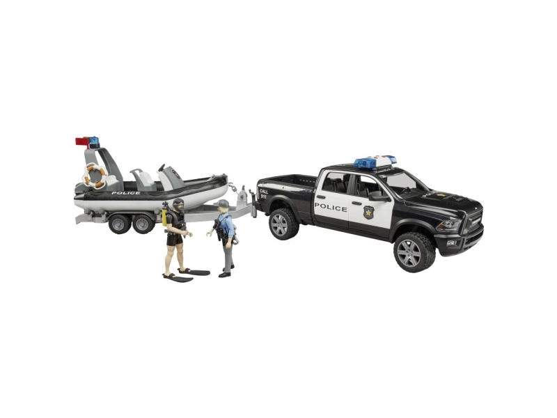 Bruder Dodge Ram 2500 Police Pickup Truck, Trailer, Boat, 2 Figures And L&S Toy