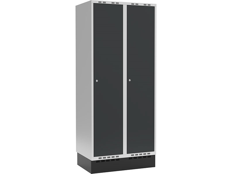 VaatekaappiKaappi 2x400mm, jossa suora katto, antrasiittinen ovi, jossa lukonkahva ja sokkeli